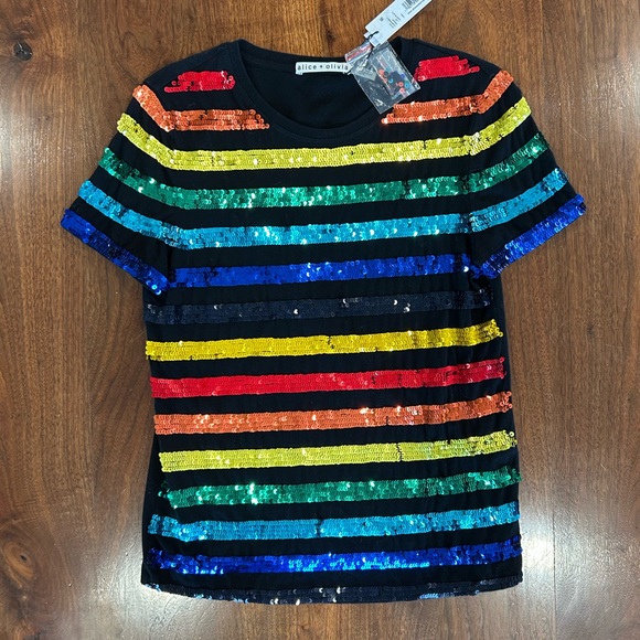 Alice + Olivia Black and Blue Sequin Short Sleeve T-Shirt - Picture 2 of 6